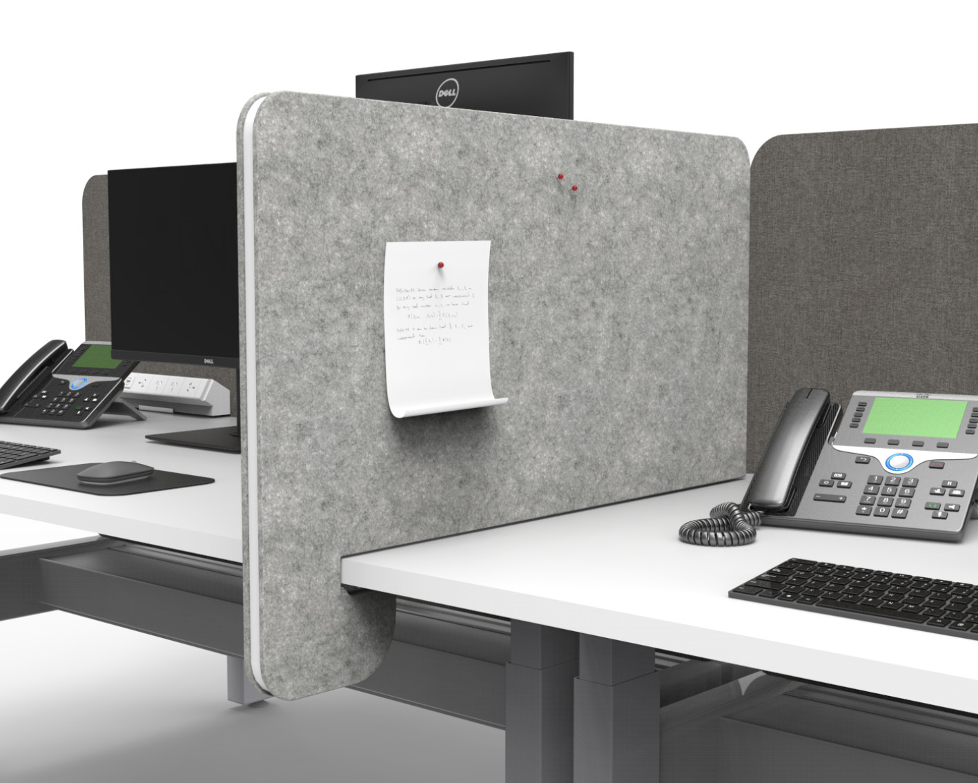 Acoustic desk dividers made out of grey soft/felt like seperating two desks.